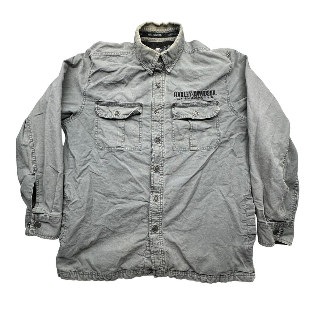 Harley Davidson Fleece Lined Work Shirt Snap Button Mens Medium Gray Shacket